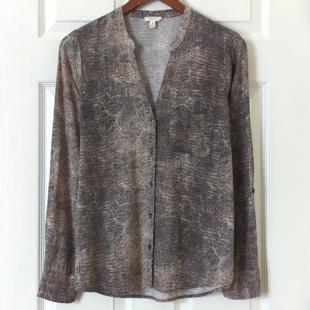 Soft Joie Dane Snakeskin Printed Long Roll Tab Sleeve V-neck Button Down Shirt S